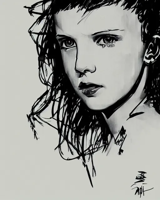 Prompt: portrait of millie bobby brown by yoji shinkawa, black and white