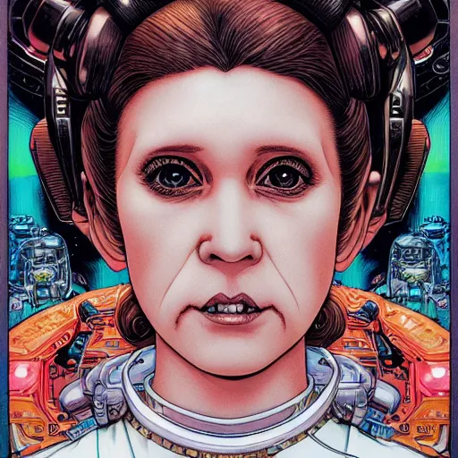 Image similar to portrait closeup of crazy princess leia, symmetrical, by yoichi hatakenaka, masamune shirow, josan gonzales and dan mumford, ayami kojima, takato yamamoto, barclay shaw, karol bak, yukito kishiro