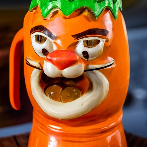 Image similar to a closeup photorealistic photograph of an orange cat garfield style tiki mug sitting on a trader vic's bar featuring garfield's face. tiki party. bright scene. fine detail. this 4 k hd image is trending on artstation, featured on behance, well - rendered, extra crisp, features intricate detail, epic composition and the style of unreal engine.