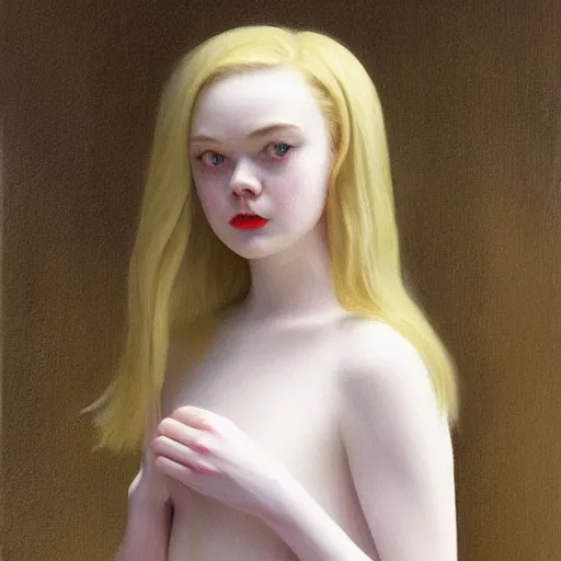 Image similar to Painting of Elle Fanning performing necromancy, long blonde hair, delicate, pale milky white porcelain skin, by Edward Hopper. 8K. Extremely detailed.