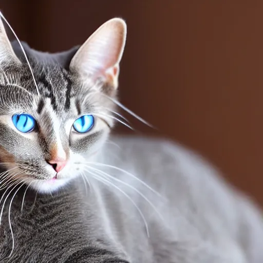 Prompt: a cat with a half white half gray nose with white whiskers and light blue eyes