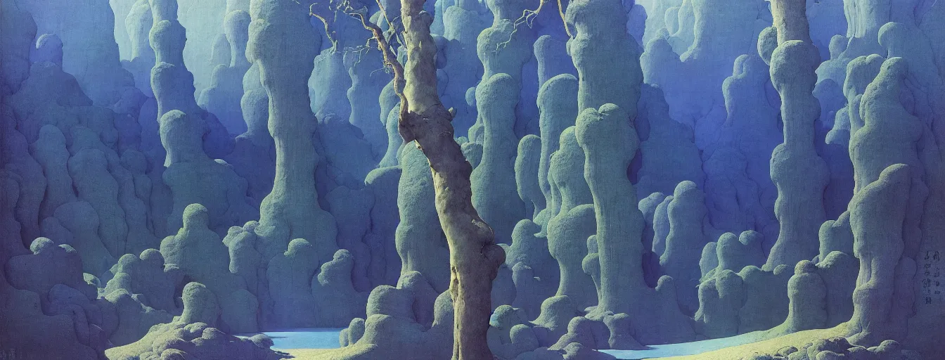 Image similar to a gorgeous very early spring blue desert painting by barlowe wayne maxfield parrish and marco mazzoni. tree no leaf!!!! china mountain village!! grey blue and very little light verdancy. ultra clear detailed. 3 d, octane render. turbulent blood lake.