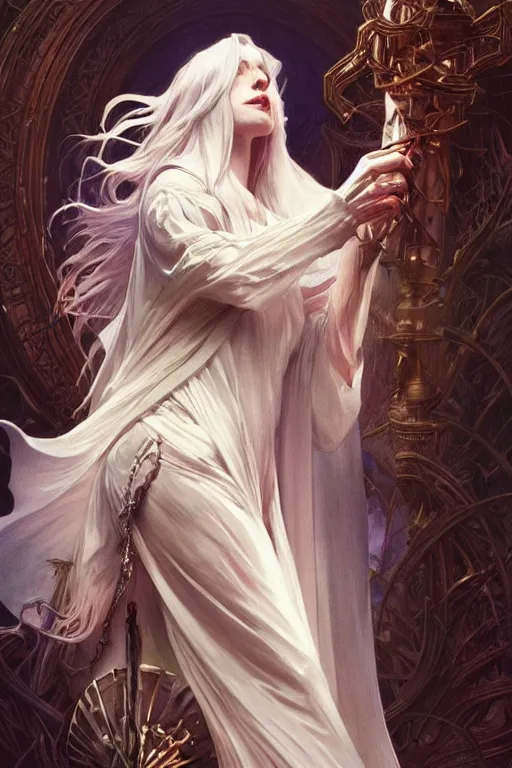 Image similar to white witch crafting magic spells, side view, crafting spells, bright witch, fantasy, chaos, magic, dark magic, dramatic lighting, intricate, wild, highly detailed, digital painting, artstation, concept art, smooth, sharp focus, illustration, art by artgerm and greg rutkowski and alphonse mucha