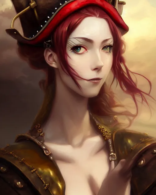 Image similar to a beautiful close up portrait 2D illustration of a young female steampunk pirate wearing leather armor on gold and red trimmings on green, by Charlie Bowater, tom bagshaw, Artgerm and Lois Van Baarle, beautiful anime face, very cool pose, pirate ship with an epic sky background, slightly smiling, cinematic anime lighting and composition, fantasy painting, very detailed, ornate, trending on artstation and pinterest, deviantart, google images