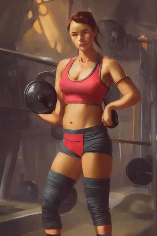 Prompt: a portrait of a cute female gym instructor, dieselpunk setting, vivid colors, soft lighting, atmospheric, cinematic, moody, in the style of artgerm and greg rutkowski, oil on canvas, 8 k