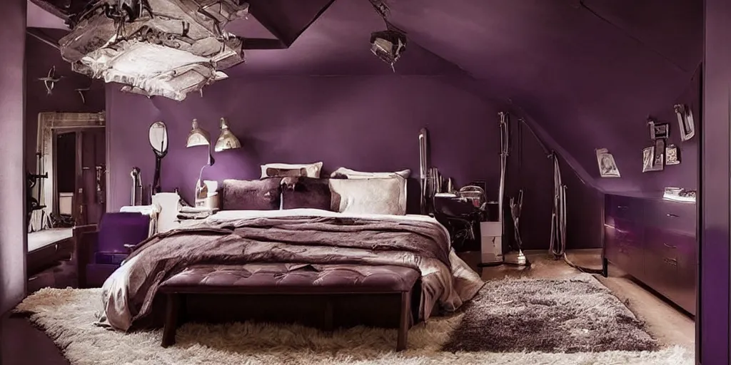 Prompt: night time, moody dark, dark purple leather dungeon bedroom