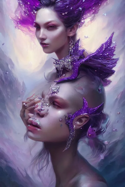 Prompt: beautifulmodel face covered with diamonds wearing crystals, diamonds, angel, fantasy, dramatic lighting, highly detailed, digital painting, magic the gathering, purple background storm, hyper detailed, 3 d render, hyper realistic detailed portrait, peter mohrbacher, wlop, ruan jia