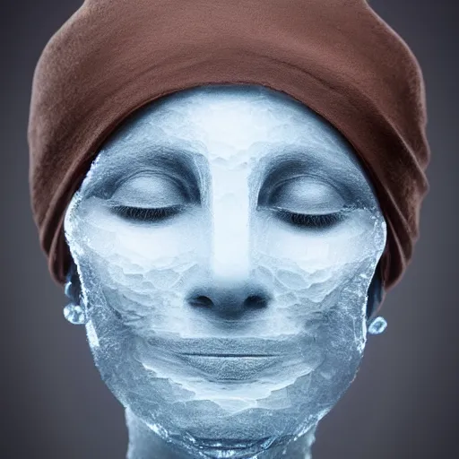 Prompt: ice scultpre of the face of a woman