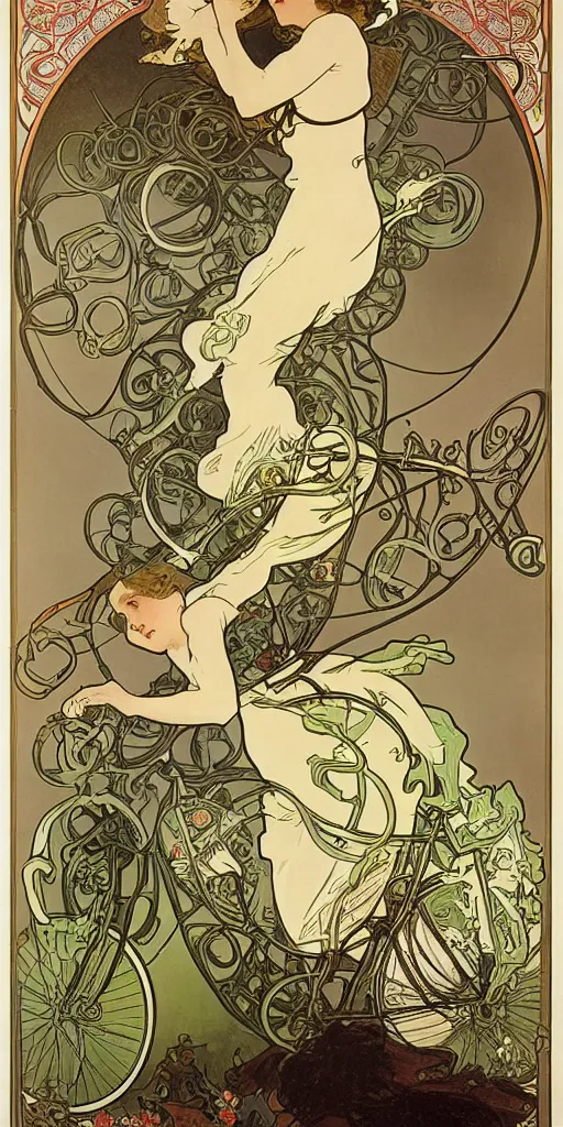 Prompt: a poster by Alphonse Mucha showing a woman riding a bicycle