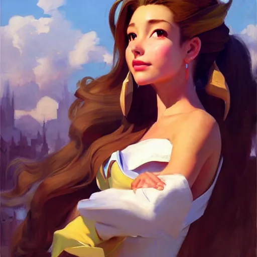 Image similar to Greg Manchess portrait painting o Aerith Gainsborough as Overwatch character, medium shot, asymmetrical, profile picture, Organic Painting, sunny day, Matte Painting, bold shapes, hard edges, street art, trending on artstation, by Huang Guangjian and Gil Elvgren and Sachin Teng