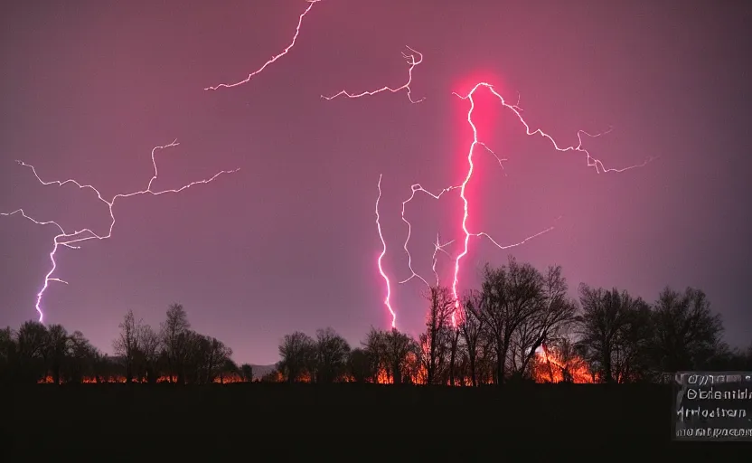 Image similar to red lightning bolts shoot from the ground, night, field, fire is visible on the horizon, high contrast, unsettling photo