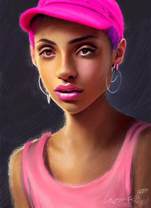 Image similar to portrait of teenage vanessa morgan with bright pink hair, black girl, vanessa morgan, curly pixie cut hair, wearing newsboy cap, newsboy cap, hoop earrings, intricate, elegant, glowing lights, highly detailed, digital painting, artstation, concept art, smooth, sharp focus, illustration, art by wlop, mars ravelo and greg rutkowski