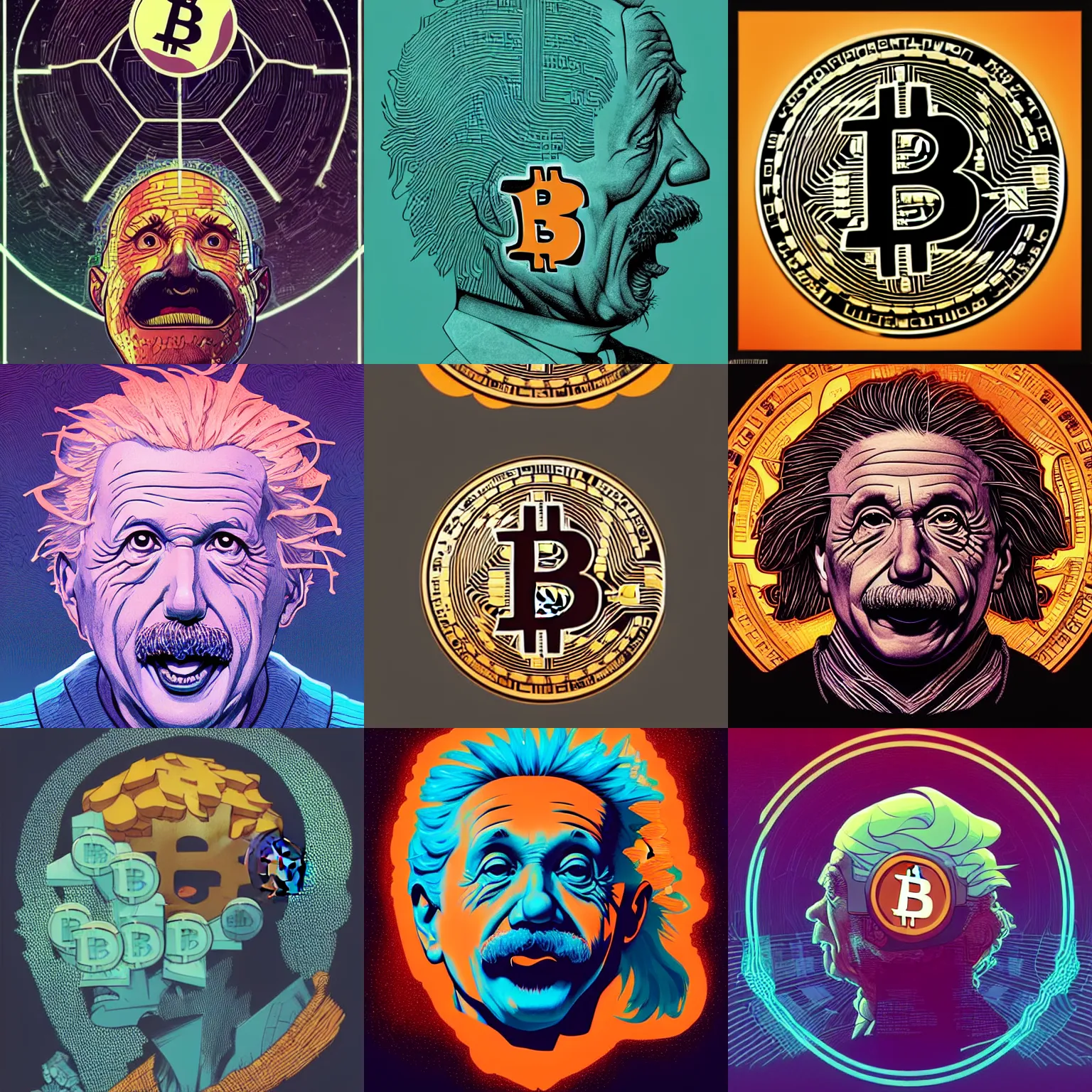 Prompt: cell shaded bitcoin logo and head shot of einstein head, concept art, llustration, concept art by josan gonzales and wlop, by james jean, victo ngai, david rubin, mike mignola, laurie greasley, highly detailed, sharp focus, logo trending on artstation, hq, deviantart, art by artgem