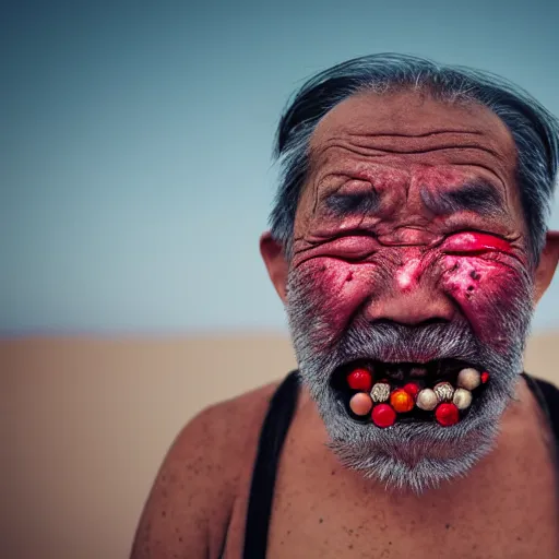 Image similar to screaming old asian man with beard, his head covered in jewels, full face silver mask, glowing eyes, wearing a wooden stick, smoke around him, in the dry rock desert, cinematic shot, wide angle, desert background, award winning photography, 8k, in the style of David Lynch, Alejandro Jodorowsky and Gaspar Noe