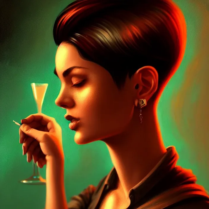 Prompt: a young sophisticated beautiful barmaid, dimly lit dive bar, hip modern vibe, relaxed pose, pixie cut with shaved side hair, wild, highly detailed, digital painting, artstation, sharp focus, illustration, detailed painterly digital art style by ross tran and ramond swanland and liam wong + perfect facial symmetry + dim volumetric lighting, vibrant deep colors, 🍸, 8k octane beautifully detailed render, post-processing, extremely hyperdetailed, epic composition, grim yet sparkling atmosphere, cinematic lighting + masterpiece, Art Nouveau, unreal engine, hyperrealistic, old english, sepia