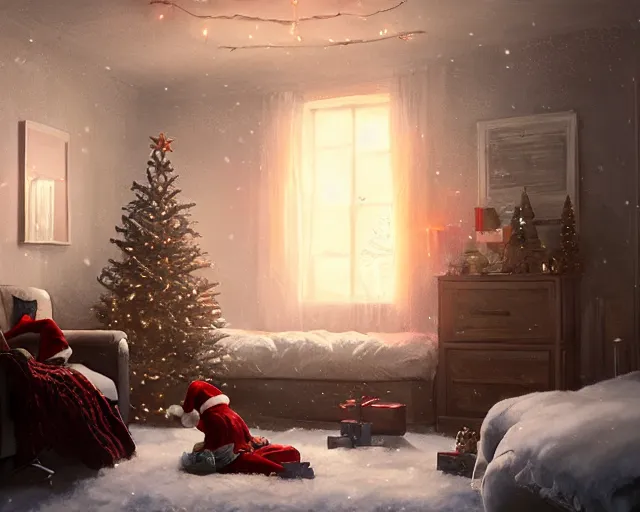 Image similar to a christmas eve photorealistic painting, cozy home, interior, sci - fi, wlop, concept art, octane render, deviantart, greg rutkowski, cinematic, key art, hyperrealism