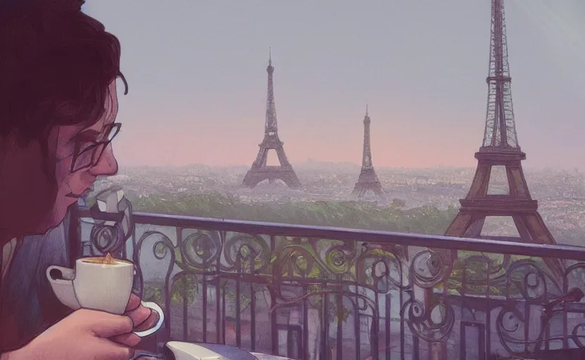 Image similar to elegant man drinking coffee at balcony in france, city with eiffel tower seen behind, late night sunset, city living, detailed characters, by greg rutkowski, alphonse mucha, beeple, sharp focus, digital art, smooth, light refraction, pixiv art, volumetric lighting, makoto shinkai