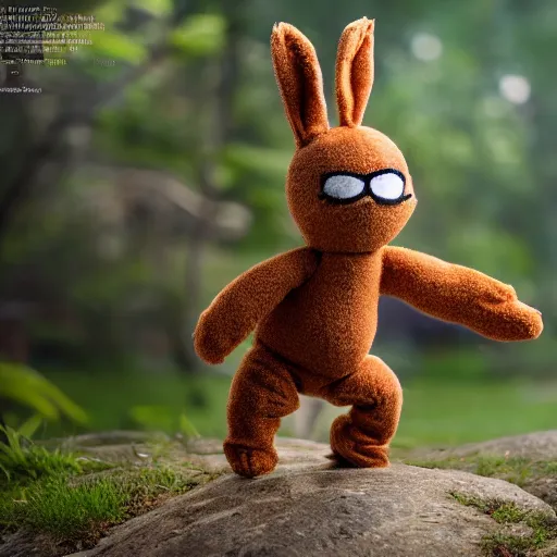 Image similar to a little brown karate loving ninja bunny that is a plush muppet wearing cool ninja clothes and practicing her karate out in nature, photorealistic, photography, ambient occlusion, rtx, national geographic