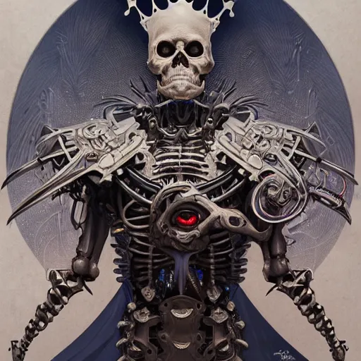 Prompt: ultra realistic illustration of the cybernetic skeleton king with a crown of blades, intricate, highly detailed, digital painting, artstation, concept art, sharp focus, illustration, art by artgerm and greg rutkowski and alphonse mucha