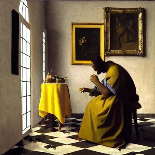 Prompt: A beautiful performance art. Let’s see how long the rich can eat their money for aureolin by Johannes Vermeer, by Eric Zener desaturated