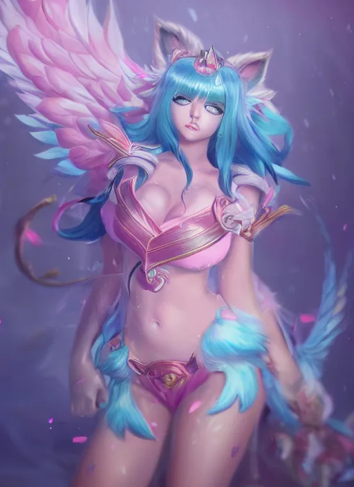 Image similar to ahri, from league of legends, pink heart skill, hyper detailed, digital art, trending in artstation, cinematic lighting, studio quality, smooth render, unreal engine 5 rendered, octane rendered, art style by klimt and nixeu and ian sprigger and wlop and krenz cushart