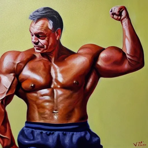 Image similar to viktor orban flexing a biceps, oil painting