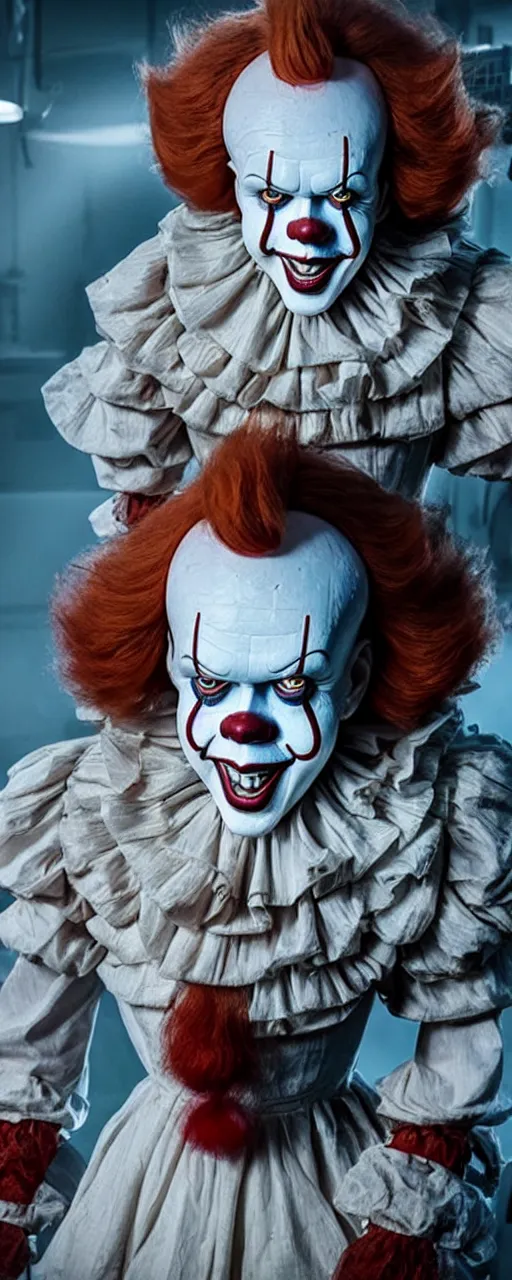 Image similar to a portrait of pennywise dressed as a doctor in a hospital, hyperdetailed, intricate, dramatic, horror movie, movie still, 4 k realistic, volumetric lighting, sharp focus