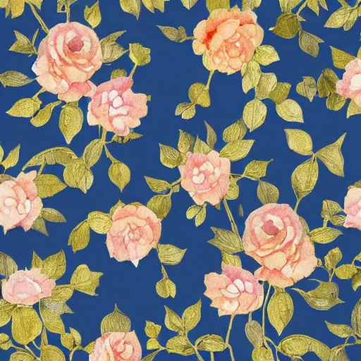 Prompt: gold inlay foiling tourokuya - style watercolor wallpaper design filled with indigo blue wild roses