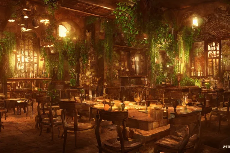 Image similar to inside a a lush tavern found in italy, artgerm, yoshitaka amano, gothic interior, 8 k, octane render, unreal engine