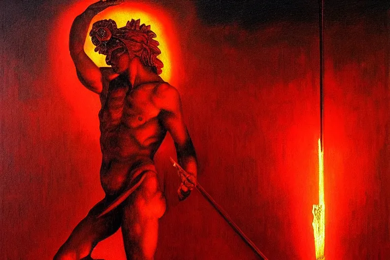 Image similar to only with red, a red melted apollo with a laurel wreath and a flaming sword announce the win, athens in the background, pathos, in the style of beksinski, part by hopper, part by rodcenko, part by hofbauer, intricate composition, red by caravaggio, insanely quality, highly detailed, masterpiece, red light, artstation, 4 k