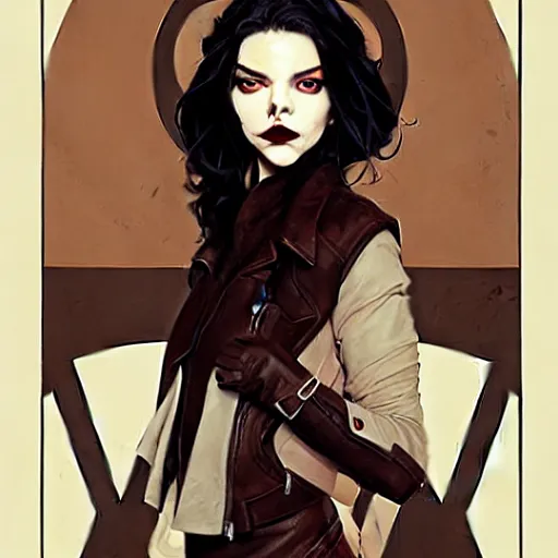 Prompt: rafael albuquerque comic art, art nouveau, peter mohrbacher, pretty female anya taylor - joy vampire sharp vampire teeth open mouth, symmetrical eyes and face, brown leather jacket, jeans, long black hair, full body