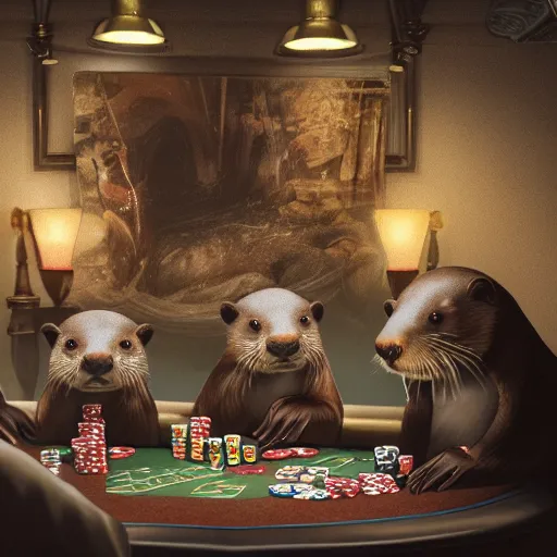 Image similar to otters playing poker, hyper detailed, dramatic lighting, cgsociety, realistic, hyper detailed, insane details, intricate, dramatic lighting, hypermaximalist, golden ratio, rule of thirds, octane render, weta digital, micro details, ultra wide angle, artstation trending, 8 k,