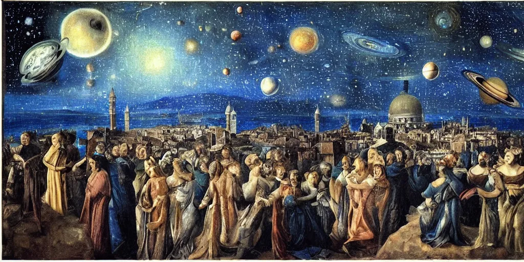 Image similar to scene from cosmologica a scifi movie by luchino visconti with mastroianni leaving the medieval cosmos to enter new universe. venice in the background. blue sky with a lot of stars and planets in the style of ( ( ( renaissance cosmological painting ) ) ). cinematic, technicolor, photorealistic, direct lighting, highly intricate, extremely realistic.