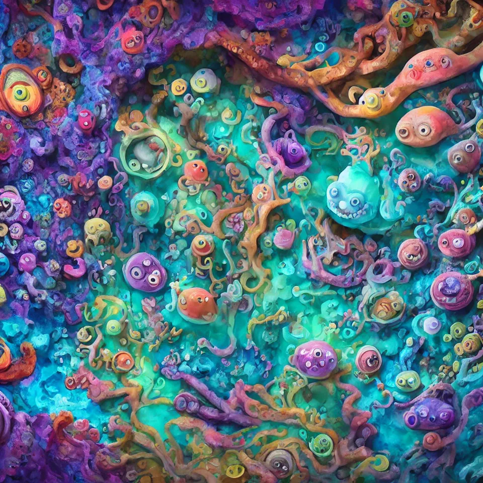 Image similar to of a colorful deep sea cave with strange cute friendly happy creatures with huge eyes, mouth, long tongue and round teeth appearing from sandy coral, in the style of gehry and gaudi, macro lens, shallow depth of field, ultra detailed, digital painting, trending artstation, concept art, illustration, cinematic lighting, photorealism, epic, octane render