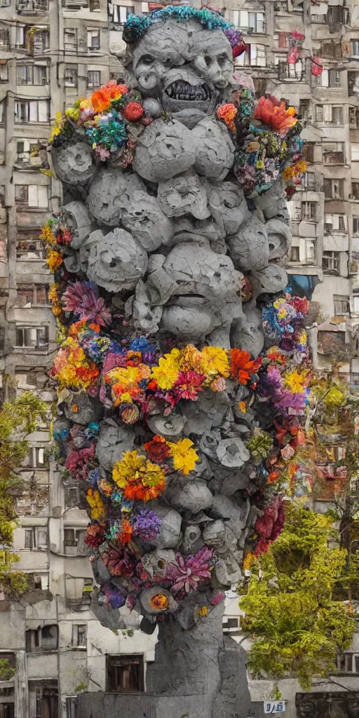 Image similar to colossal grotesque flower statue made from Lenin heads and colorful alien flowers in the middle of abandoned early soviet constructivist cityscape, Stalinist architecture, ultradetailed by Hayao Miyazaki and Josan Gonzalez and Makoto Shinkai and Giuseppe Arcimboldo and Wes Anderson