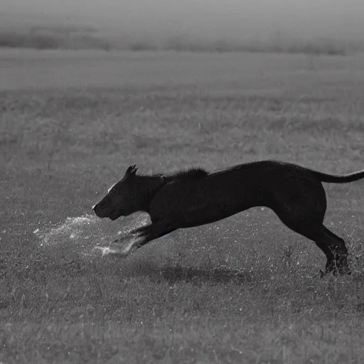 Prompt: black and white photograph of an unidentified creature chasing you