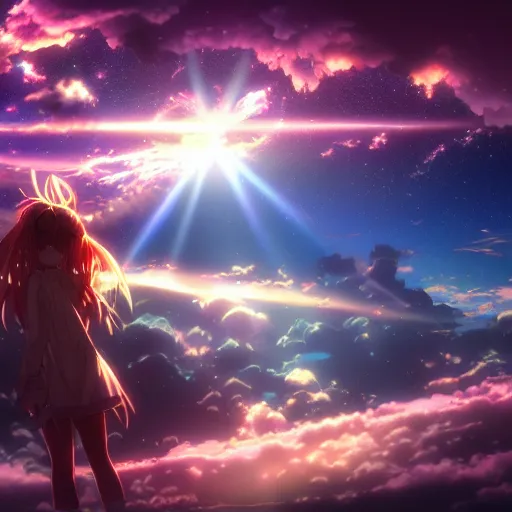 Image similar to stunning, glitchy, 4 k, landscape, galaxy, flowers, volumetric lighting, ufotable art style, art by hajime sorayama, epic sky, god rays, by akihiko yoshida, photorealistic dramatic liquid anime girl