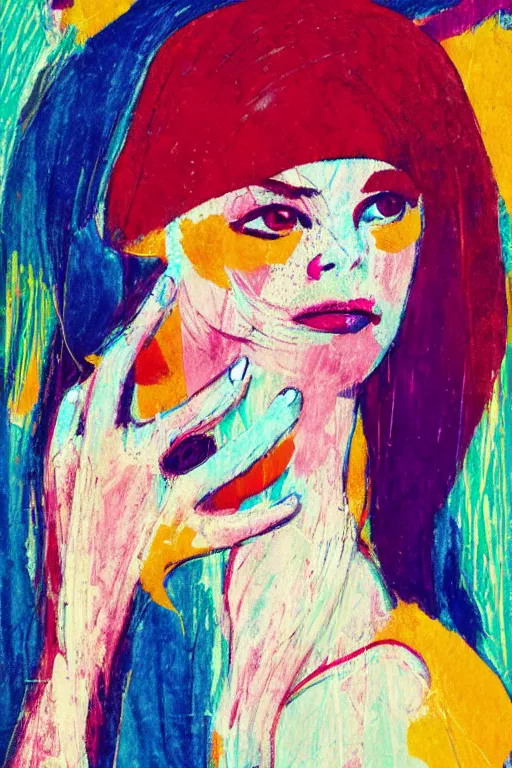 Prompt: girl portrait, abstract, rich details, broken composition, coarse texture, concept art, visible strokes, colorful, Kirchner, Gaughan, Caulfield, Aoshima, Earle