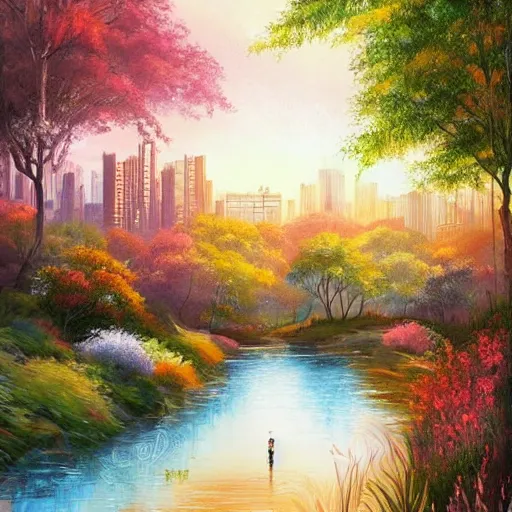 Image similar to Beautiful city of the future in harmony with nature. Nice colour scheme, soft warm colour. Beautiful detailed painting by Lurid. (2022)