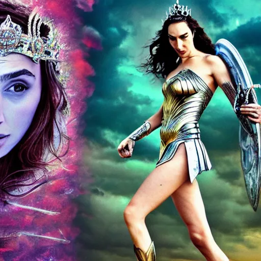 Prompt: fine art, long shot photo of the beauty goddess gal gadot, she has a crown of mesmerizing flowers, she is arriving heaven, background full of stormy clouds, by hr giger