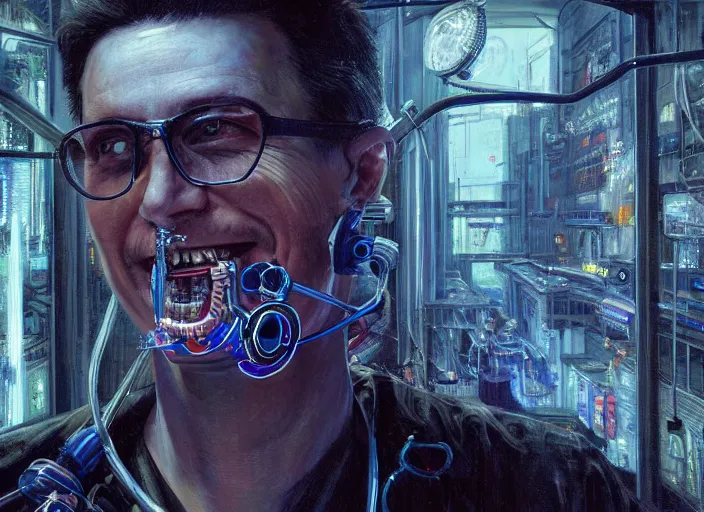 Prompt: a highly detailed cyberpunk portrait of a dentist, james gurney, james jean