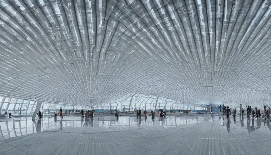 Prompt: shanghai pudong international airport interior, a huge white space with thin white columns evenly spaced and a corrugated roof that undulates slightly, silence, lightness, light, shadows, reflections, epic composition, intricate, elegant, volumetric lighting, digital painting, highly detailed, artstation, sharp focus, illustration, concept art, ruan jia, steve mccurry