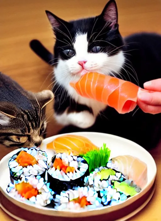 Prompt: clear photograph of cute cats stealing sushi from sushi plates