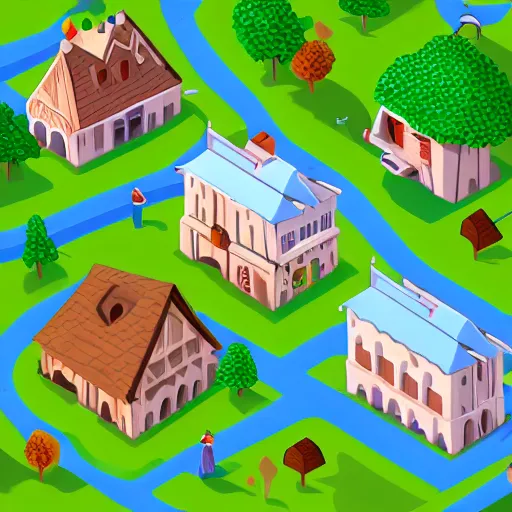 Image similar to an isometric picture of a cute little village, anthropomorphism, nature colors, trending on artstation