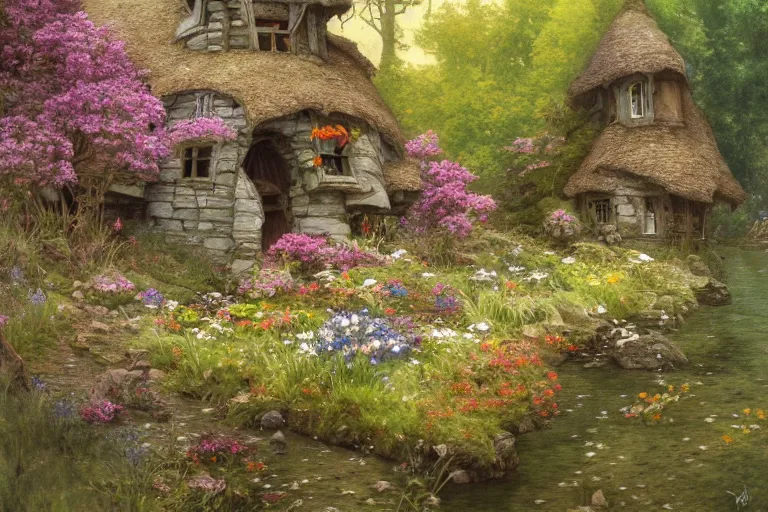 Image similar to wide angle view, a beautiful digital painting of a fairy rock house in a river, flowers, beautiful tranquil day, vivid colors, by greg rutkowski, brian froud, peter mohry, jean - baptiste monge, and alphonse mucha, symmetry, complementary colors, ink illustration, trending on artstation