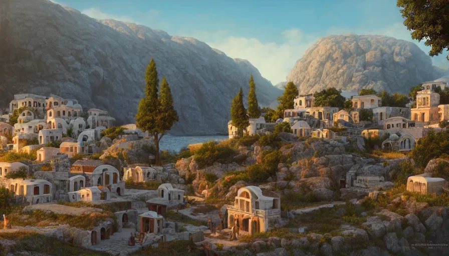 Image similar to very very small greek village, by ilya kuvshinov, rtx rendering, octane render 1 2 8 k, maya, extreme high intricate details by tom bagshaw, medium shot, close up shot, composition by sana takeda, lighting by greg rutkowski