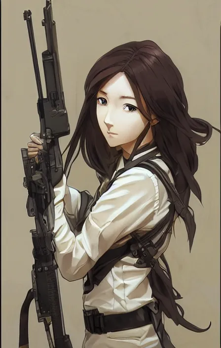 Prompt: infantry girl, anime style, symmetrical facial features long hair, hair down, under heavy fire, smoke explosions, visual novel character sheet, hyper realistic, pale skin, rule of thirds, extreme detail, 4 k, detailed drawing, trending artstation, realistic lighting, by alphonse mucha, greg rutkowski, sharp focus, backlit, combat vest