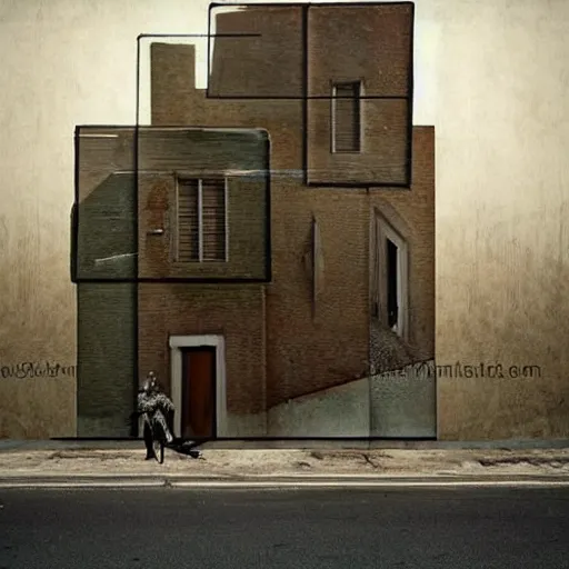 Image similar to a brutalitst artwork of a man fuse to his house, hyper realism, architecture, baroq