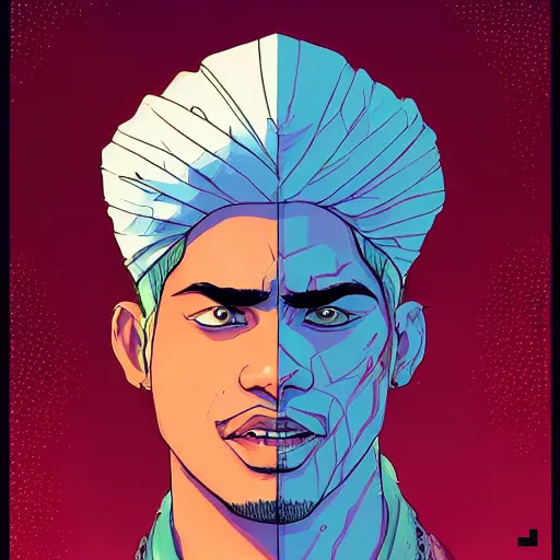 Image similar to a study of cell shaded portrait of a Handsome Indian man with turnban concept art, llustration, post grunge, concept art by josan gonzales and wlop, by james jean, Victo ngai, David Rubín, Mike Mignola, Laurie Greasley, highly detailed, sharp focus, alien, Trending on Artstation, HQ, deviantart, art by artgem