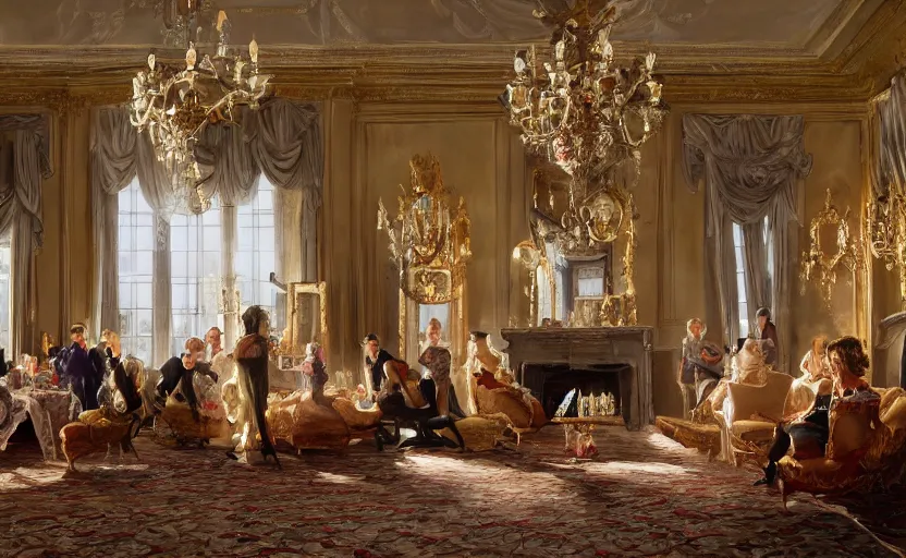 Image similar to realist rococo painting of a 1 9 2 0 s grand party in a beautiful mansion, many partygoers, strong contrast, unreal engine, hyper realism, realistic shading, cinematic composition, realistic render, octane render, detailed textures, photorealistic, ultrawide shot, 3 5 mm film
